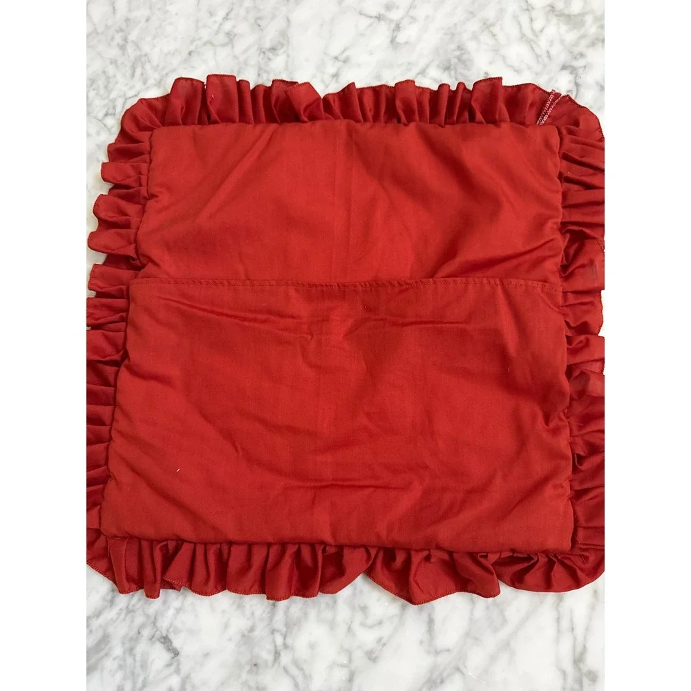 Quilted Double Wedding Ring Pillow Sham Ruffled Red Floral Patchwork 13x13